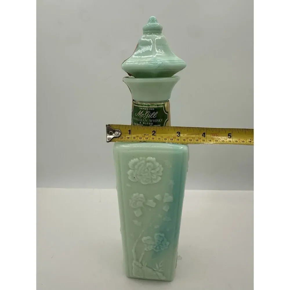 Vintage jadeite glass whisky decanter with floral embossing and stopper Barware